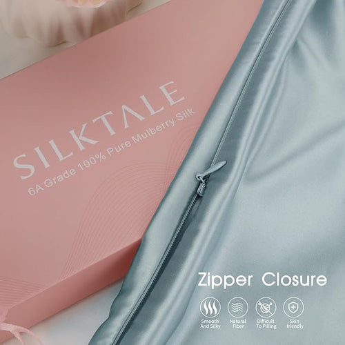100% Mulberry Silk Zippered Bed Pillowcase for Hair and Skin,Zip Up Real Silk Large Pillow Case,19 Momme Grade 6A,1pc,Pale Blue,Super King Size 20x36 Inches