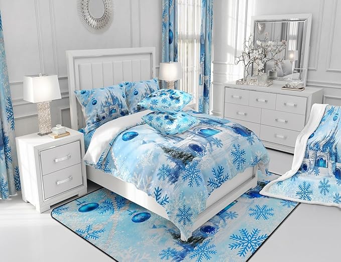 Dreamy Castle Comforter Set King Size,Princess Blue Winter Snowflakes Bedding Set All Season Quilt Set,Fairy Tale Theme Watercolor Christmas Microfiber Polyester Down Comforter
