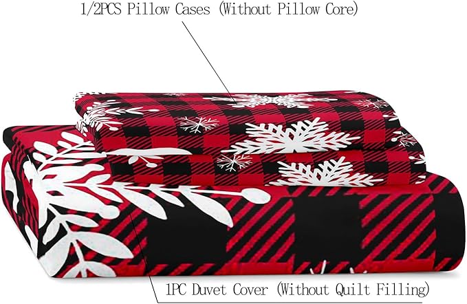 LUVIVIHOME 3PCS Christmas Duvet Cover Full Bedding Set, White Snowflake Bear Woodland Animals Cabin Lodge Holiday New Year Xmas Checkered Black Red Buffalo Plaid Comforter Quilt Cover, 2 Pillow Cases