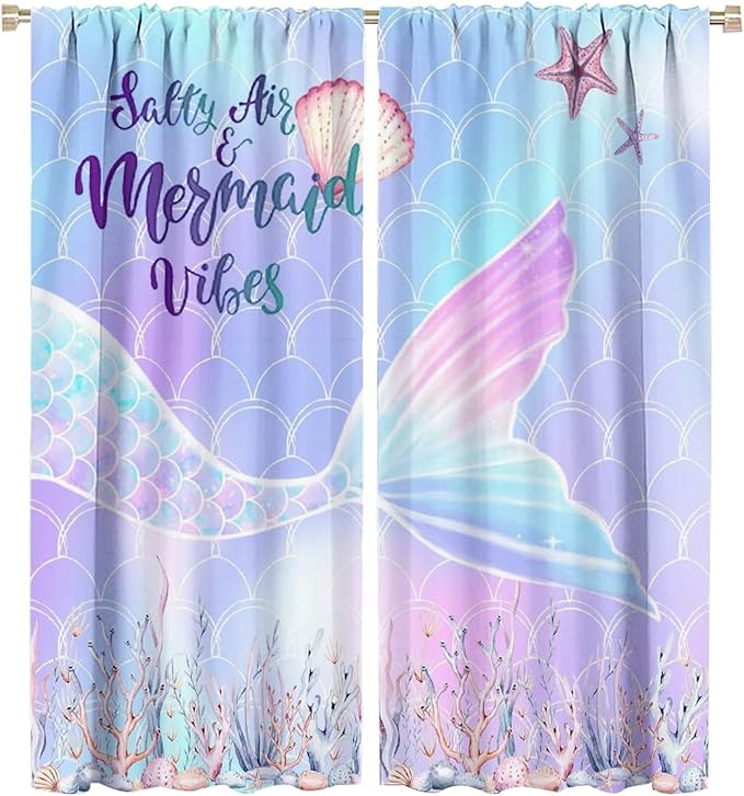Fantasy Mermaid Curtain Colorful Rainbow Fish Tail Ocean Theme Beautiful Kids Window Treatment for Girls Bedroom Nursery Room Decor Rod Pocket Window Drapes 55x63in