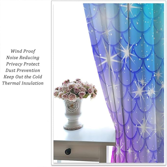 Mermaid Blackout Curtains, Kids Cartoon Blue and Pink Ocean Mermaid Scale Pattern Decoration for Girls Bedroom Nursery Curtains 84x84 Inch