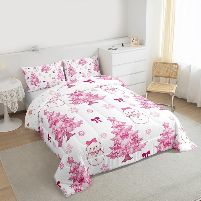 Feelyou Merry Christmas Kids Comforter Set Twin Size Cute Snowman Bedding Set Cartoon Bowknot Duvet Quilt for Kids Boys Girls Bedroom Christmas Tree Decor Microfiber Ultra Soft Breathable