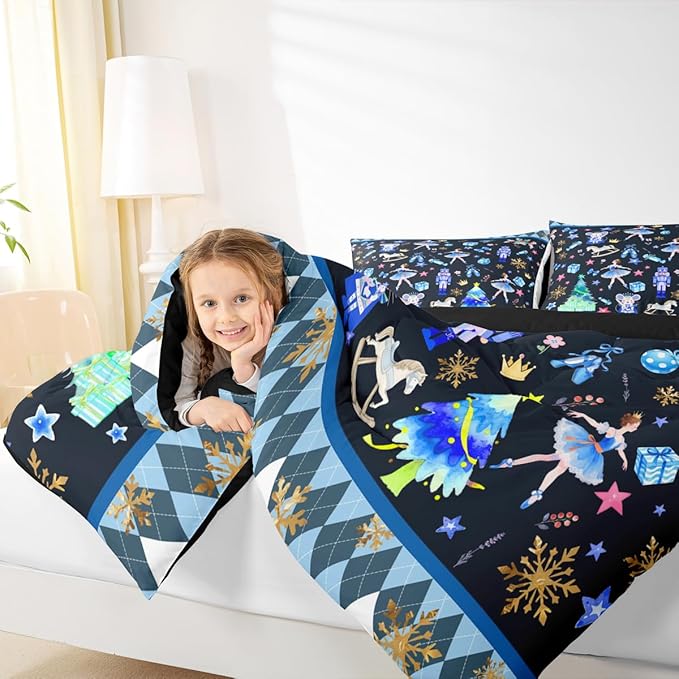 Feelyou Merry Christmas Kids Comforter Set King Size Ballet Nutcracker Bedding Set Snowflake Duvet Quilt for Kids Boys Girls Bedroom Decor Microfiber Ultra Soft Breathable