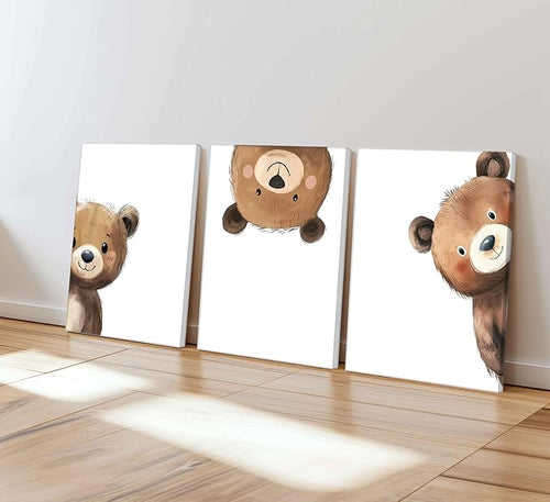 3Pcs Baby Teddy Bear Nursery Wall Art Peeking Bear Pictures Wall Decor Peekaboo Kids Room Decor Woodland Animal Posters Neutral Nursery Painting Canvas Print Artwork for Children's Baby Room Bedroom