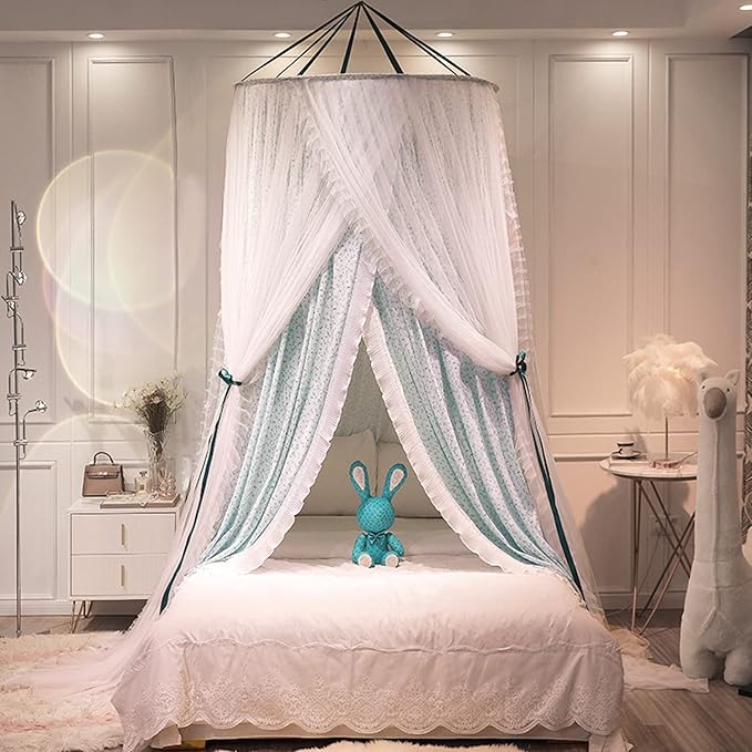 Kertnic Luxurious Bed Canopy for Girls & Adults, Large Elegant Double Layer Bed Curtain Canopy Drapes, Round Dome Lace Princess Canopies Netting (Fresh)