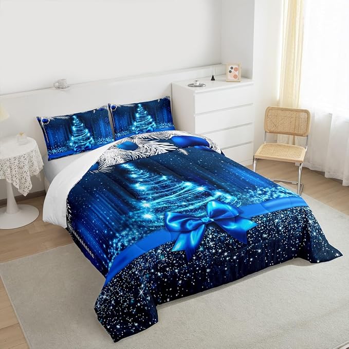 Merry Christmas Kids Comforter Set Queen Size,Snowflake Christmas Tree Bowknot Bedding Set,Girls Boys Adults Xmas Decor,Blue Gradient Line Glitter Down Comforter,Romantic Duvet Insert,2 Pillowcases