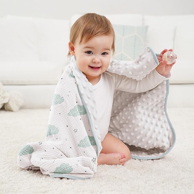 Susurration Baby Blanket for Unisex Boys Girls, Soft Nursery Minky Blanket with Muslin Cotton Front and Dotted Fleece Back, Receiving Blanket for Baby Newborn Infant, 30x40inch (Cloud)