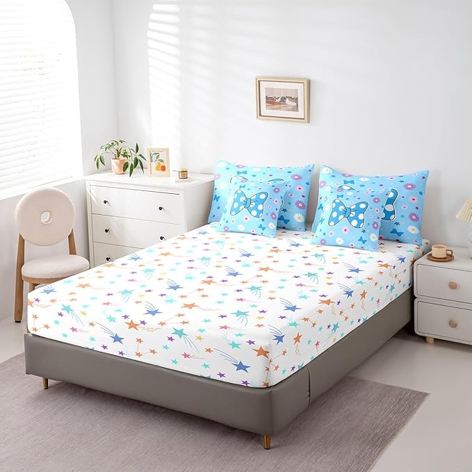 7 Pieces Blue Bowknot Kids Comforter Set Full,Daisy Flowers Geometric Dot Patchwork Bedding Set,Star Bow Tie Princess Cute Dreamy（Comforter+Fitted+Flat Sheet+2 Pillowcases+2 Throw Pillow Covers）