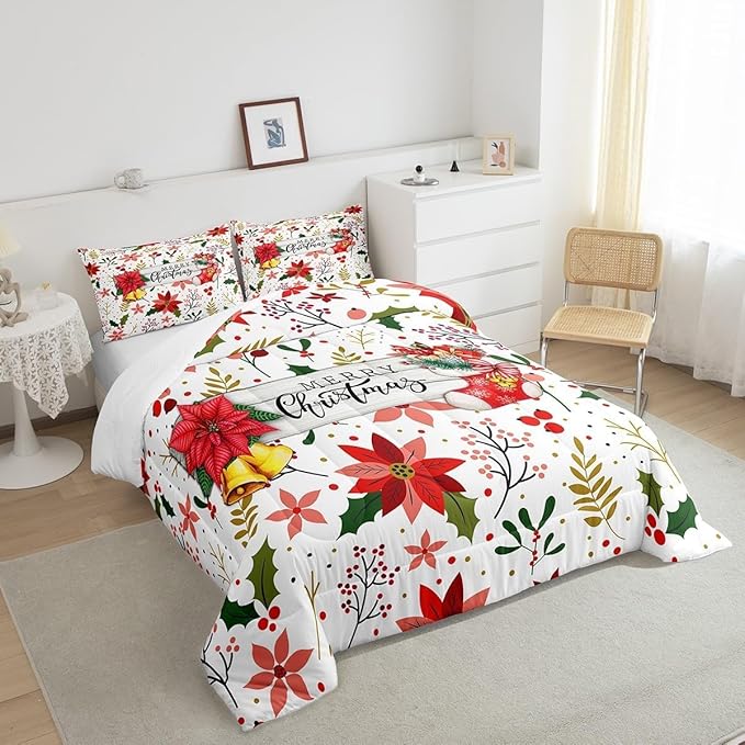Castle Fairy Merry Christmas Comforter Set Toddler Size,Red Xmas Flowers Berry Leaves Plant Bedding Set with 1 Pillowcase,Floral Themed Bell Socks Print Quilted Duvet Set for Kids Boys Men, White