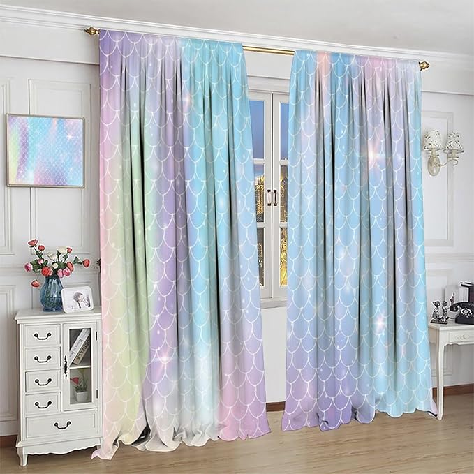 Mermaid Curtains, Kids Cartoon Watercolor Sea Animals Mermaid Princess Scales Pattern Print Living Room Decoration for Kids Girls Bedroom Nursery 63x63 Inch