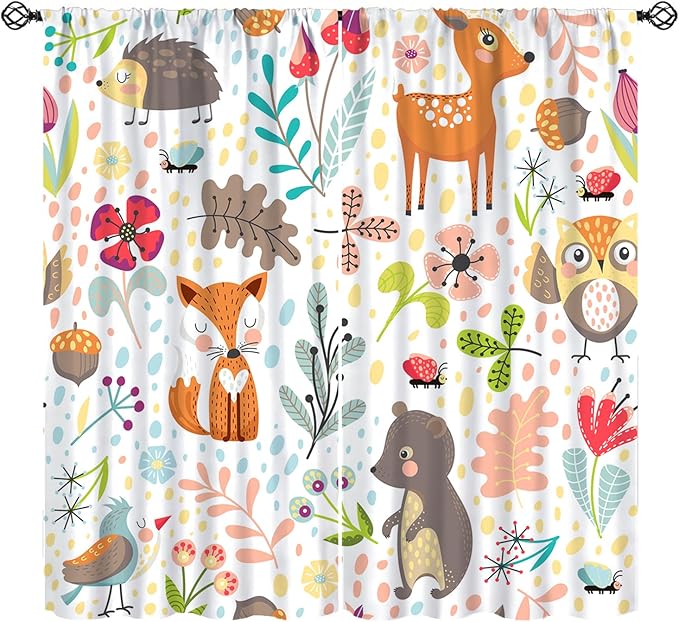 Jungle Animals Curtains, Cute Cartoon Animals Branches Blackout Window Treatments, Rod Pocket Thermal Insulated Drapes 2 Panel Sets for Kids Bedroom Nursery Classroom, 52" W X 84" L