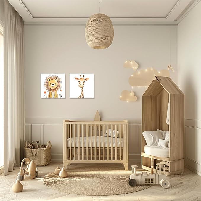 Baby Animal Framed Canvas Wall Art Set of 2 - Cute Baby Lion Giraffe Paintings Posters Woodland Animals Pictures Prints for Kids Room Bedroom Decor(Artwork-03, 12"x12"x2P)