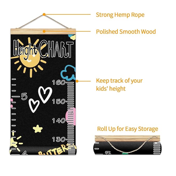 Kids Growth Chart Ruler for Wall Wood Frame Height Measure Chart 13.4x56 in Linen Hanging Height Growth Chart Koala Bear Flowers Rainbow Love Star Kids Room Decor