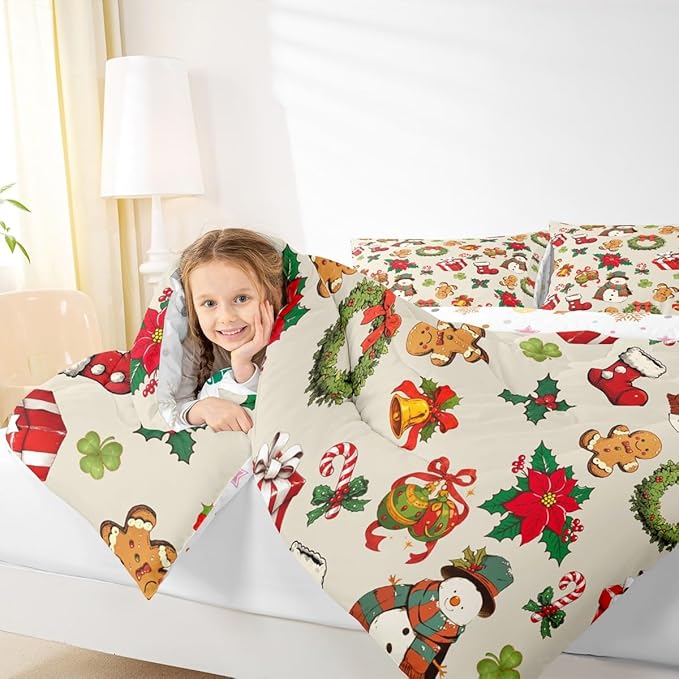 jejeloiu Merry Christmas Comforter Set Full Size Cute Snowman Bedding Set for Kids Boys Girls Gingerbread Man Duvet Quilt Beige Bedroom