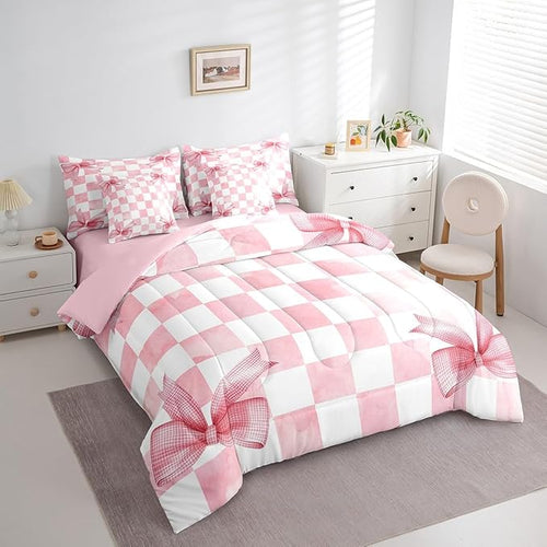 7 Pieces Pink Bowknot Kids Comforter Queen,Geometric Grid Checkered Patchwork Fashion Bedding Set,Bow Tie Knot Princess Chic Unique（Comforter+Fitted+Flat Sheet+2 Pillowcases+2 Throw Pillow Covers）
