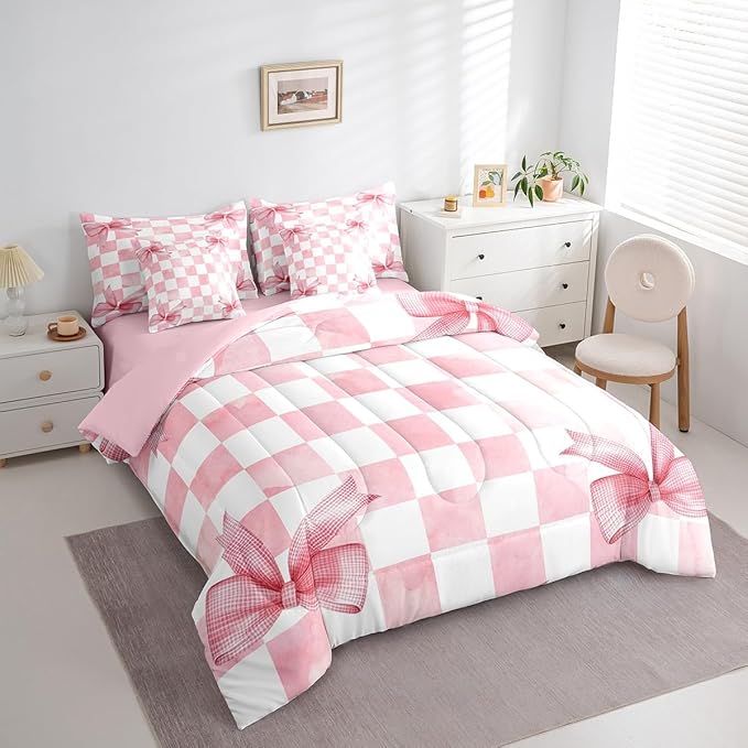 7 Pieces Pink Bowknot Kids Comforter Twin,Geometric Grid Checkered Patchwork Fashion Bedding Set,Bow Tie Knot Princess Chic Unique（Comforter+Fitted+Flat Sheet+2 Pillowcases+2 Throw Pillow Covers）