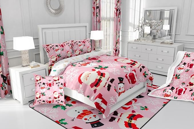 jejeloiu Merry Christmas Comforter Set Full Size Xmas Santa Claus Bedding Set for Kids Boys Girls Cute Snowman Duvet Quilt Pink Bedroom Decor