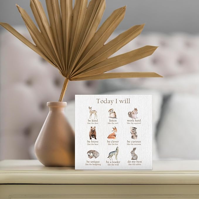 Affirmation Kids Nursery Wood Box Sign - Inspirational Desk Shelf Decor, Motivational Desk Decor, Positive Affirmations Animals Wooden Block Plaque Box Sign for Kids Nursery Decorations
