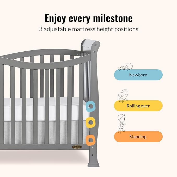 Dream On Me Violet 7-in-1 Convertible Full-Size Baby Crib with Toddler, Day & Full Bed Conversion in Steel Grey, GreenGuard Gold & JPMA, 4 Mattress Heights, Sustainable Pinewood