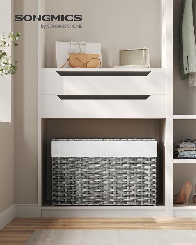 SONGMICS Storage Basket with Lid, 27.7 Gallon (105L) Storage Bin, Woven Blanket Storage Basket with Handles, Foldable, Removable Liner, Metal Frame, for Bedroom, Laundry Room, Gray URST066G01