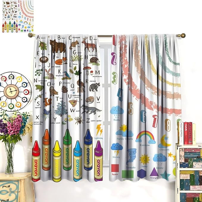 Kids Alphabet Curtain, Funny Cartoon Animal Rainbow Learning, Educational Boys Girls Children Printed Rod Pocket Window Treatments for Bedroom Living Room Nursery Decor 42" W X 45" L