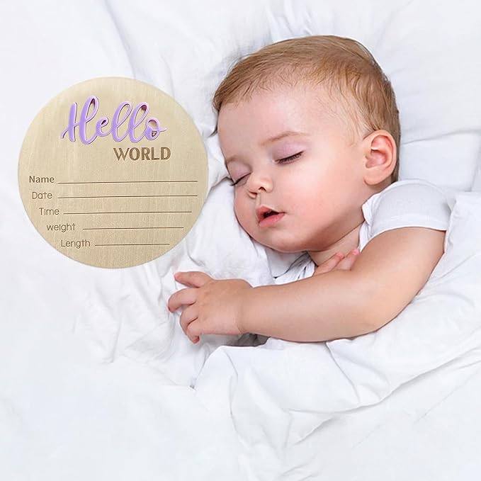 Baby Announcement Sign, 5.9 Inch Wooden Hello World Newborn Signs, Birth Announcement Sign, Baby Shower Hospital Nursery for Newborn Boys and Girls… (Purple)