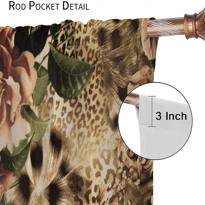 Leopard Floral Blackout Curtains, Cute Boho Floral Cheetah Animal Pattern Safari Natural Theme Window Treatments for Bedroom Living Room 42" W X 63" L
