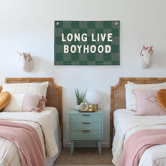 Long Live Boyhood Linen Banner – Boys Room Wall Hanging, Playroom & Nursery Decor, Toddler Room Flag, Aesthetic Boys Bedroom Sign – Forest Green & White