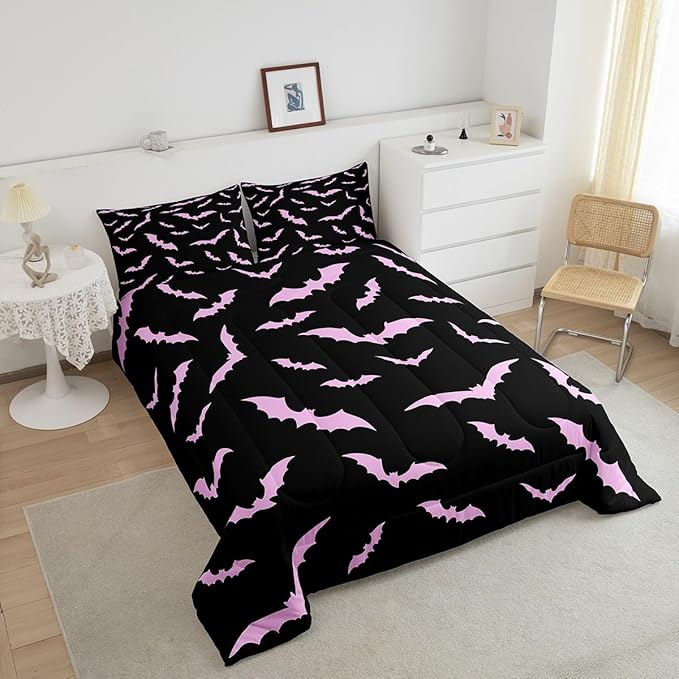 Erosebridal Halloween Bedding Set Twin Size for Kids Boys Youth Pink Bats Comforter Set Happy Holiday Gothic Quilt with 1 Pillow Case Spooky Animal Bedding Comforter Sets