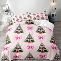 LUVIVIHOME 3PCS Pink Bow Christmas Tree Duvet Cover Queen Bedding Sets, Teen Girl Bedding, Light Pink Duvet Cover, Xmas Tree Winter Holiday Festival Coquette Christmas Comforter Cover, 2 Pillow Cases