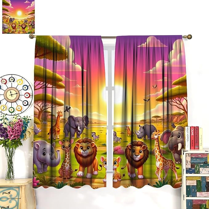 West Animal Curtains Kids Boys Girls Window Treatment Africa Cartoon Animals Lion Elephant Giraffe for Nursery Baby Bedroom Playroom Decor Window Drapes 63" W X 63" L