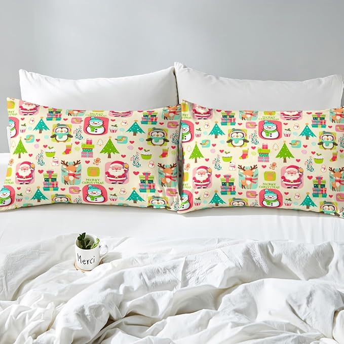 Christmas Comforter Cover Cartoon Santa Claus Snowman Flower Bedding Set Cute Penguin Deer Duvet Cover for Children Boys Girls Microfiber Gift Boxes Bedspread Cover Room Decor Bedclothes King Size
