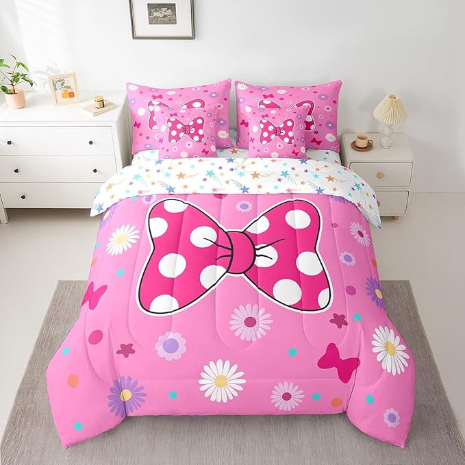 7 Pieces Pink Bowknot Kids Comforter Set Twin,Daisy Flowers Geometric Dot Patchwork Bedding Set,Bow Tie Cute Princess Dreamy Chic（Comforter+Fitted+Flat Sheet+2 Pillowcases+2 Throw Pillow Covers）