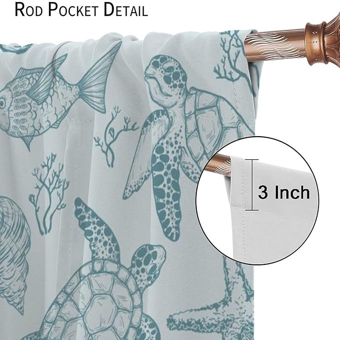 Turtle Starfish Curtains,Coral Starfish Seashell Beach Sea Seashell Theme Pattern Blackout Print Home Bedroom Living Room Window Treatmen 2 Panel Set 52x84 Inch