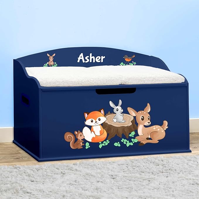 DIBSIES Personalized Creative Wonders Toy Box, Woodland Creatures, 30 x 19.25 x 18 inches, Soft-Close Lid (Blue)