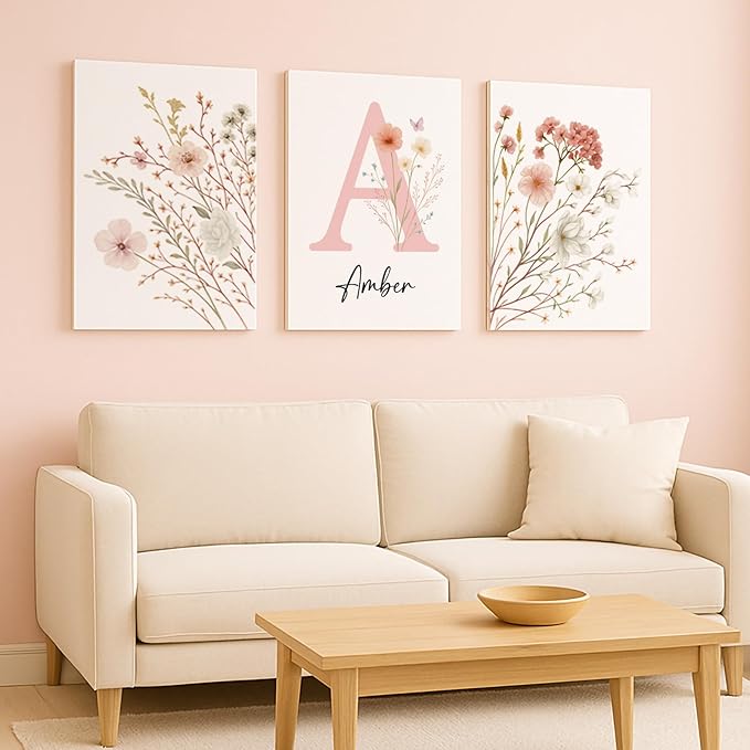 Personalized Girls Nursery Wall Art - Custom Name Pink Floral Butterfly Canvas Print 3pc Framed Wrapped Canvas for Bedroom Living Room Entryway Study Room Initial Wall Decor Baby Shower Birthday Easter Graduation New Year Valentine's Day Gift (40×50cm/...