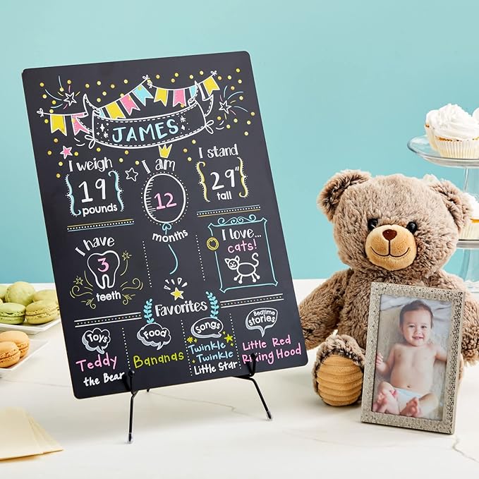 Blue Panda Baby Milestone Chalkboard - Monthly Photo Prop & Baby Growth Board - Birthday Milestones Board - Reusable Chalk Surface & Infant Tracker - 12 x 15.6 in, Vertical, Blue