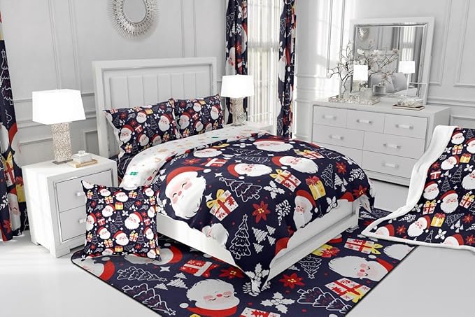 jejeloiu Santa Claus Comforter Set Full Size Merry Christmas Bedding Set for Kids Boys Girls Xmas Themed Duvet Quilt Dark Blue Bedroom Decor