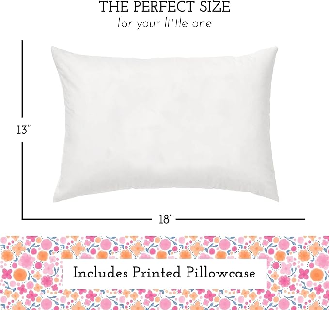 Little Sleepy Head Youth Pillow with Pillowcase 16x22, Soft Jumbo Toddler Pillows, Hypoallergenic Pillow Case - Best Kids Pillows for Sleeping, Perfect Kids Travel Pillows (Whimsy Garden)