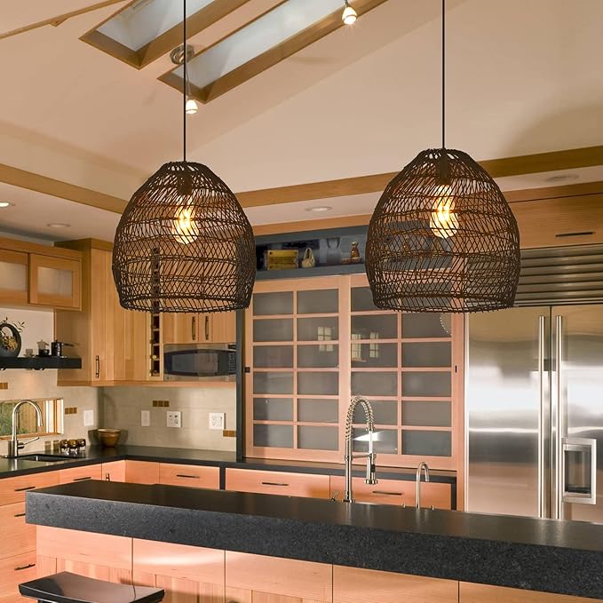 Bamboo Pendant Light Fixture Boho Style 1 Lights Rattan Pendant Lamp Woven Hanging Light for Kitchen Island Nursery in Black(13.7" W)