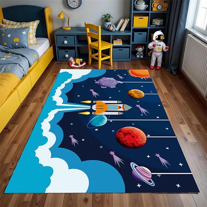 Outer Space Rugs,3x5ft,Kids Playroom Crawling Mat,Machine Washable,Non-Slip Carpet with Cartoon Planets and Rocket Design,Suitable for Kids Bedroom,Classroom,Nursery Decorative Rug