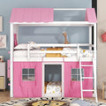 Twin Over Twin Pink Princess Castle Bunk Bed with Tent,Ladders and Guardrail, Solid Wood Playhouse House Floor Bunk Bed with Windows and Roof