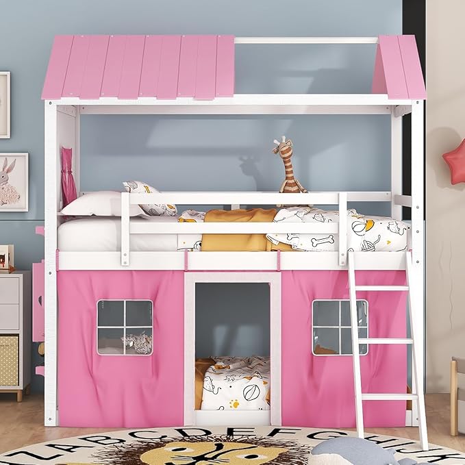 Twin Over Twin Pink Princess Castle Bunk Bed with Tent,Ladders and Guardrail, Solid Wood Playhouse House Floor Bunk Bed with Windows and Roof
