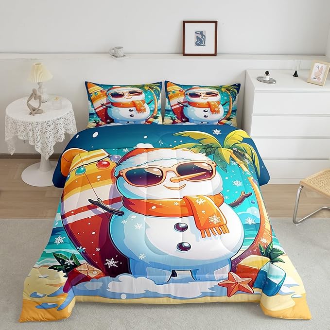 Manfei Cute Snowman Comforter Set Twin Size, Christmas Theme Bedding Set for Kids Boys Girls, Beach Surfboard Palm Tree Down Comforter for All Season, Lightweight Duvet Insert, 1 Pillowcase