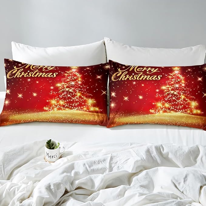 Manfei Christmas Tree Duvet Cover Set King Size Gold Sparkle Comforter Cover Merry Christmas Bedding Set 3pcs for Kids Boys Girls Western New Year Theme Bedspread Cover with 2 Pillowcases,No Comforter