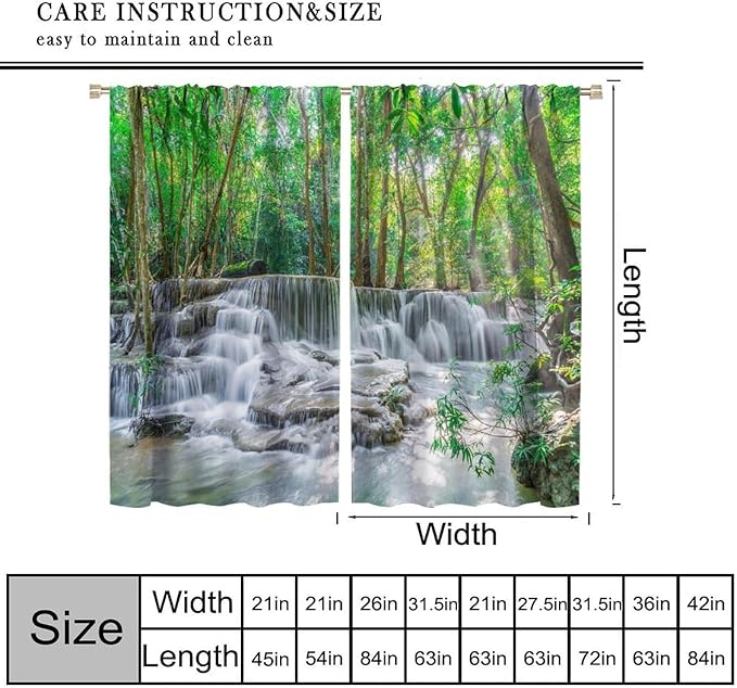 Forest Waterfall Blackout Curtains, Scene Nature Theme Mountain Stream Scenery Print Window Drapes, for Bedroom Living Room 42" W X 63" L