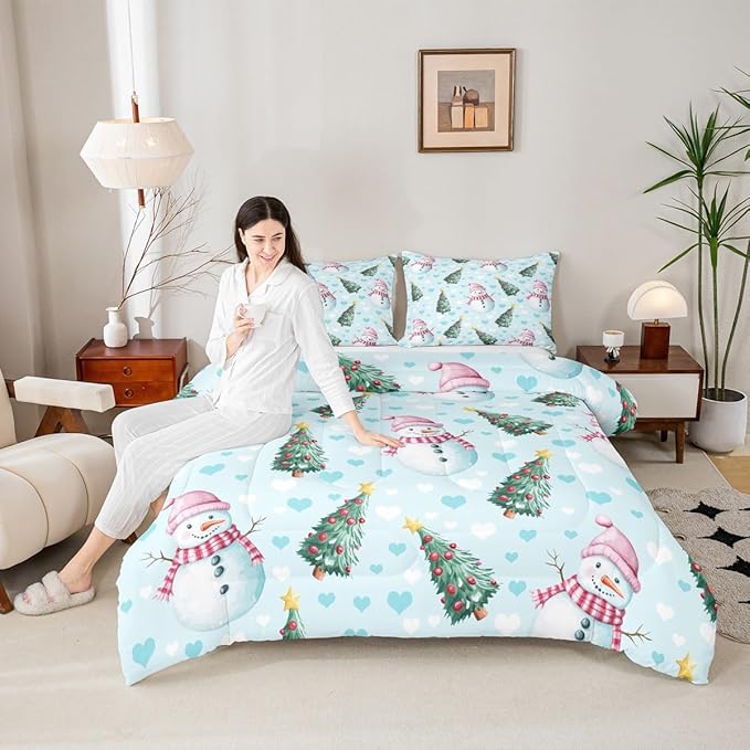 Feelyou Merry Christmas Kids Comforter Set King Size Cute Snowman Bedding Set Christmas Tree Duvet Quilt for Kids Boys Girls Bedroom Love Hearts Decor Microfiber Ultra Soft Breathable