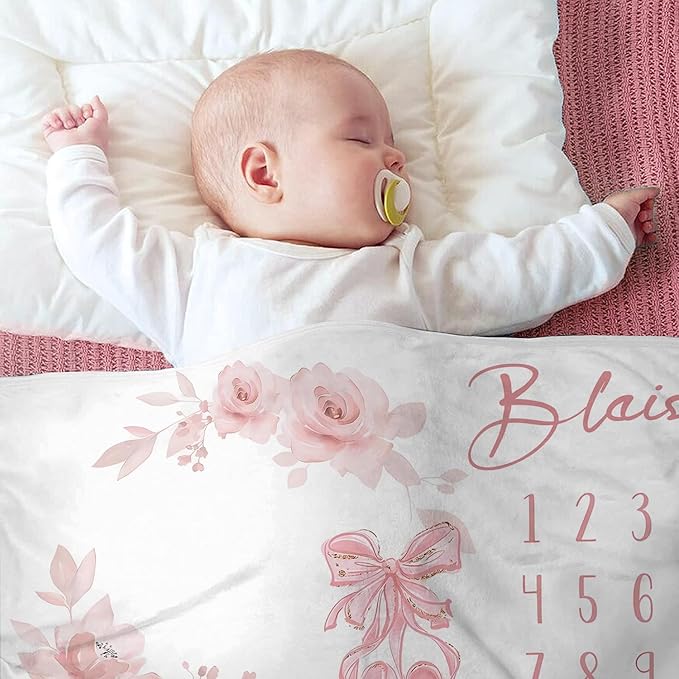 OLIVE OLIVIA Personalized Baby Milestone Blanket, Custom Name, 60"x80", Pink, Floral, Soft Flannel Fleece, Unisex, Winter, Modern, 1 Count