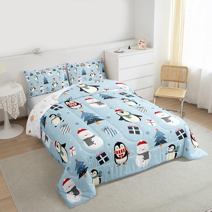 Feelyou Merry Christmas Bedding Set Soft for Boys Girls, Penguin Comforter Set King Size Xmas Tree Snowman Duvet Quilt Microfiber Gift Snowflake Bedroom Decor 3 Pcs with 2 Pillow Cases