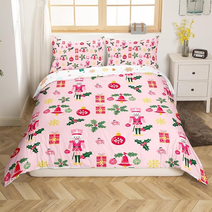 Feelyou Christmas Pink Nutcracker Comforter Cover King Size Cute Royal Guarder Duvet Cover Xmas Snowflake Bedding Set Gifts for Kids Boys Girls Decor 2 Pillow Cases Pink